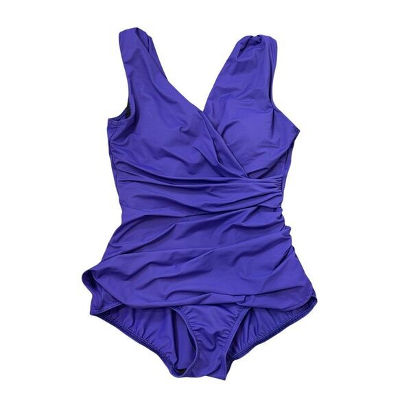 Lands' End One-Piece Swimsuit Womens 6P Blue Purple Surplice V-Neck Ruched Swim - Picture 1 of 15